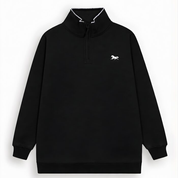 Black mock neck quarter-zip fleece sweatshirt with white horse logo embroidery by JEFFERI ADAMS