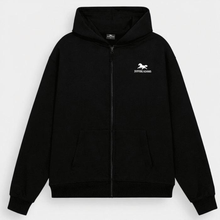 Women’s black zip-up hoodie with white JEFFERI ADAMS logo, premium fleece full zip sweatshirt for everyday casual wear USA