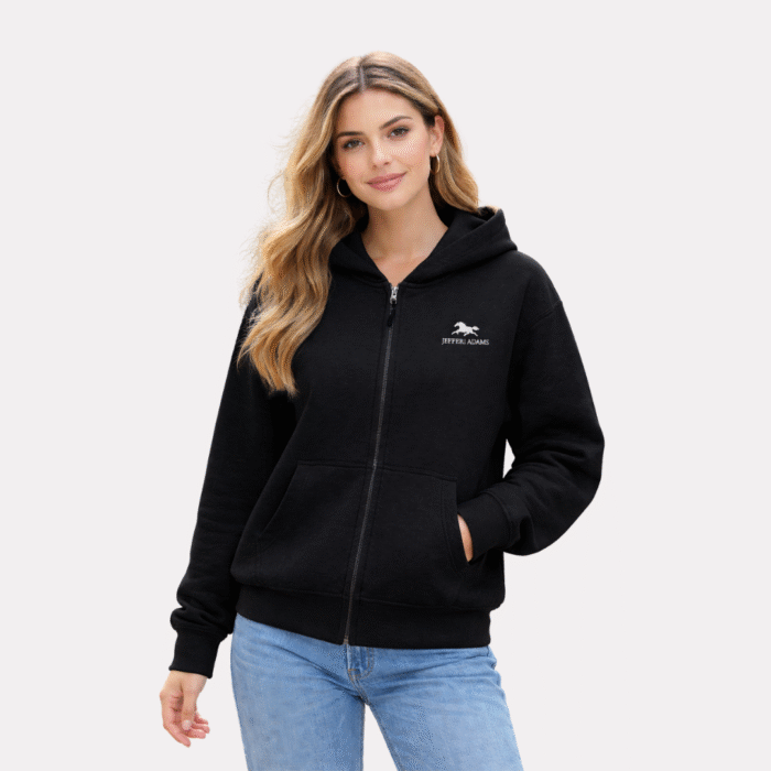 Women’s black zip-up hoodie with white JEFFERI ADAMS logo, premium fleece full zip sweatshirt for everyday casual wear USA. pull over