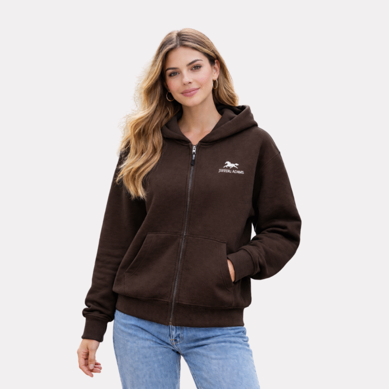 Women’s brown zip-up hoodie with white JEFFERI ADAMS logo, premium fleece full zip sweatshirt for everyday casual wear USA. pull over