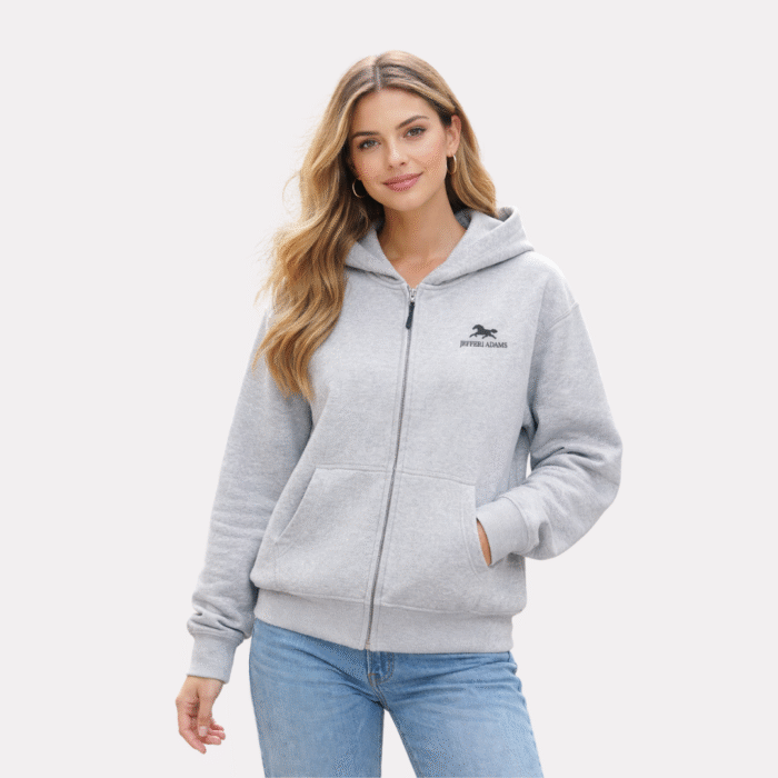 Women’s heather grey zip-up hoodie with white JEFFERI ADAMS logo, premium fleece full zip sweatshirt for everyday casual wear USA