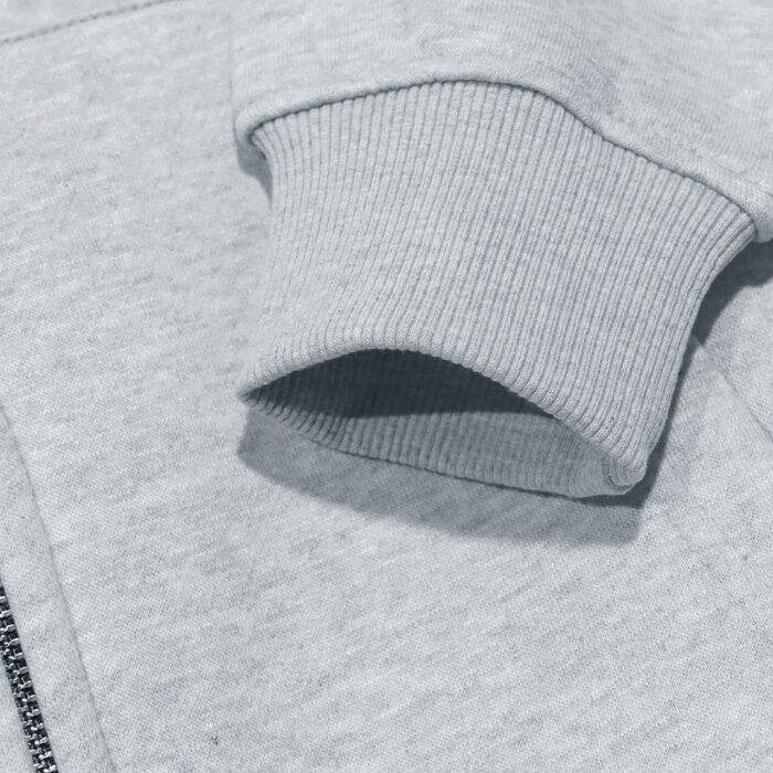 Women’s grey zip-up hoodie with white JEFFERI ADAMS logo, premium fleece full zip sweatshirt for everyday casual wear USA