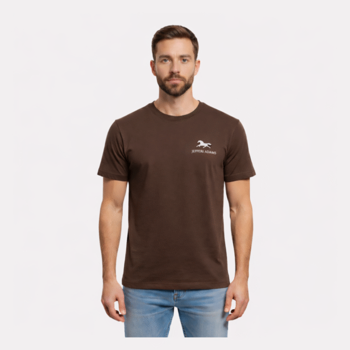 Men’s chocolate brown crew neck t-shirt with white JEFFERI ADAMS logo, premium cotton athletic fit fashion for USA market