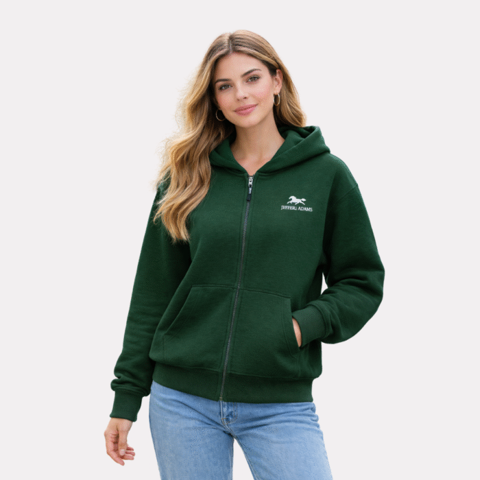 Women’s Green zip-up hoodie with white JEFFERI ADAMS logo, premium fleece full zip sweatshirt for everyday casual wear USA - Pull Over.
