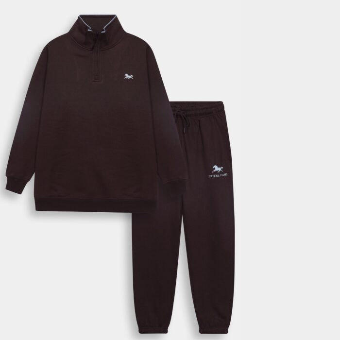 Men’s chocolate brown premium tracksuit with slim fit sweatshirt and tapered joggers, luxury athleisure set for gym and casual wear