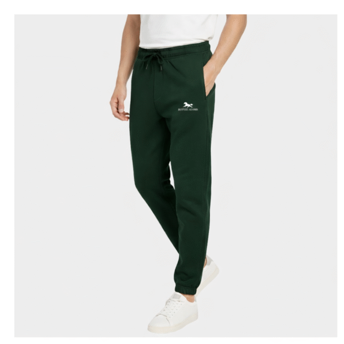 Dark green premium men’s joggers with slim fit design, elastic waistband and drawstring, soft cotton blend fabric, casual athleisure pants for gym and daily wear