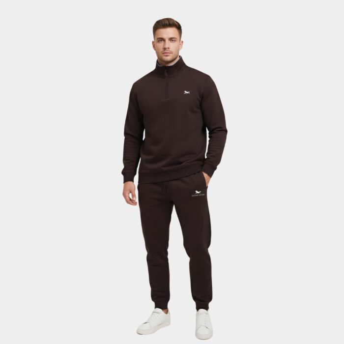 Men’s chocolate brown premium tracksuit with slim fit sweatshirt and tapered joggers, luxury athleisure set for gym and casual wear