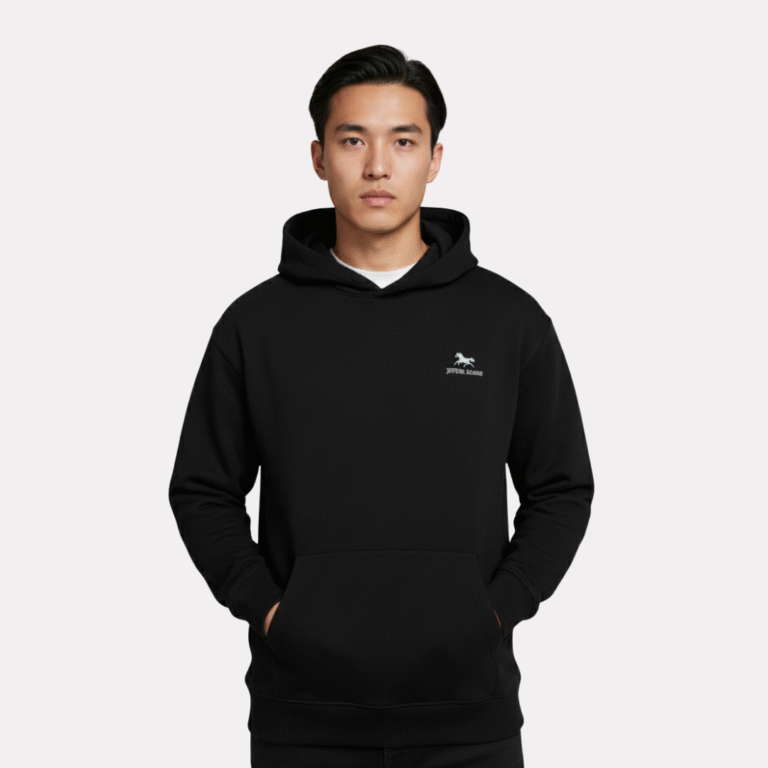 Premium men's forest black hoodie in 320 GSM fabric with minimalist chest logo and kangaroo pocket, front view.