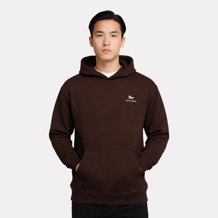Premium men's forest brown hoodie in 320 GSM fabric with minimalist chest logo and kangaroo pocket, front view.