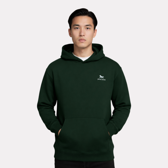 Premium men's forest green hoodie in 320 GSM fabric with minimalist chest logo and kangaroo pocket, front view.