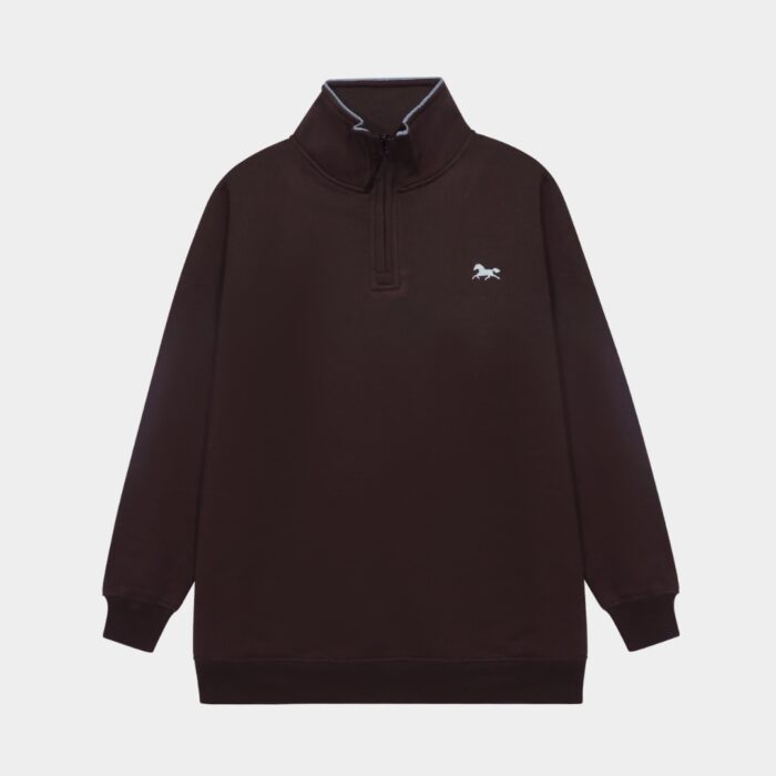 Black mock neck quarter-zip fleece sweatshirt with white horse logo embroidery by JEFFERI ADAMS