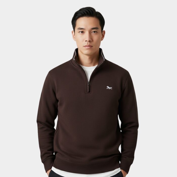 mock neck quarter-zip fleece sweatshirt with white horse logo embroidery by JEFFERI ADAMS