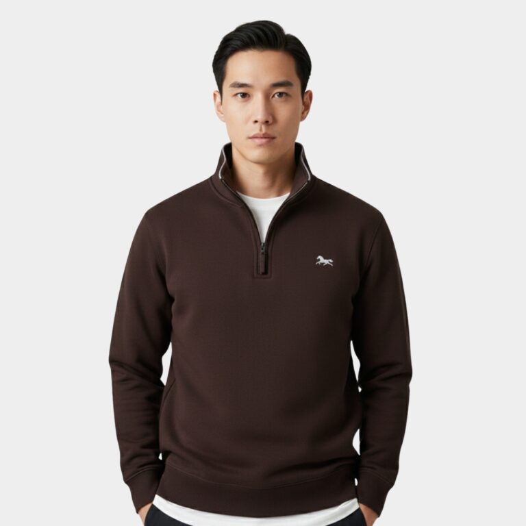 mock neck quarter-zip fleece sweatshirt with white horse logo embroidery by JEFFERI ADAMS