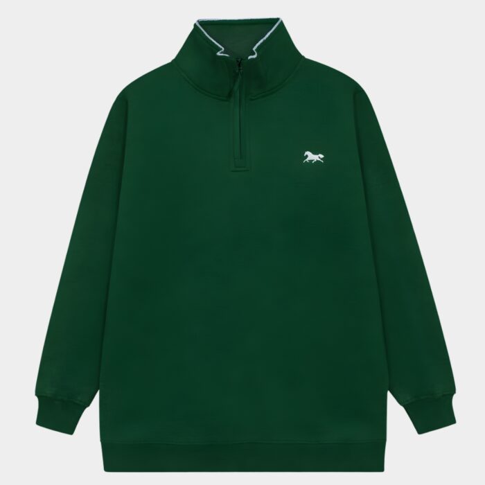 GREEN mock neck quarter-zip fleece sweatshirt with white horse logo embroidery by JEFFERI ADAMS
