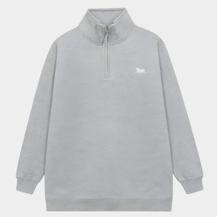 Grey mock neck quarter-zip fleece sweatshirt with white horse logo embroidery by JEFFERI ADAMS