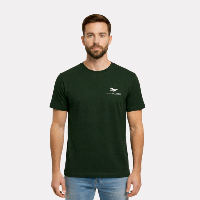 Men’s dark green crew neck t-shirt with white JEFFERI ADAMS logo, premium cotton athletic fit fashion for USA market