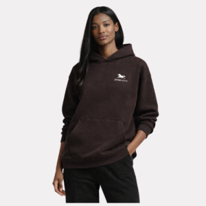 Jefferi Adams women's onyx black premium pullover hoodie with embroidered logo, worn as a matching set