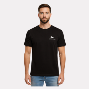 Jefferi Adams men's black crew neck t-shirt with embroidered horse logo, worn with blue jeans