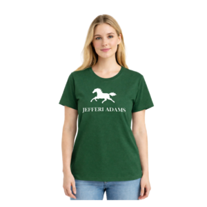 Jefferi Adams women's black fitted crew neck t-shirt with large white horse logo print, worn with blue jeans